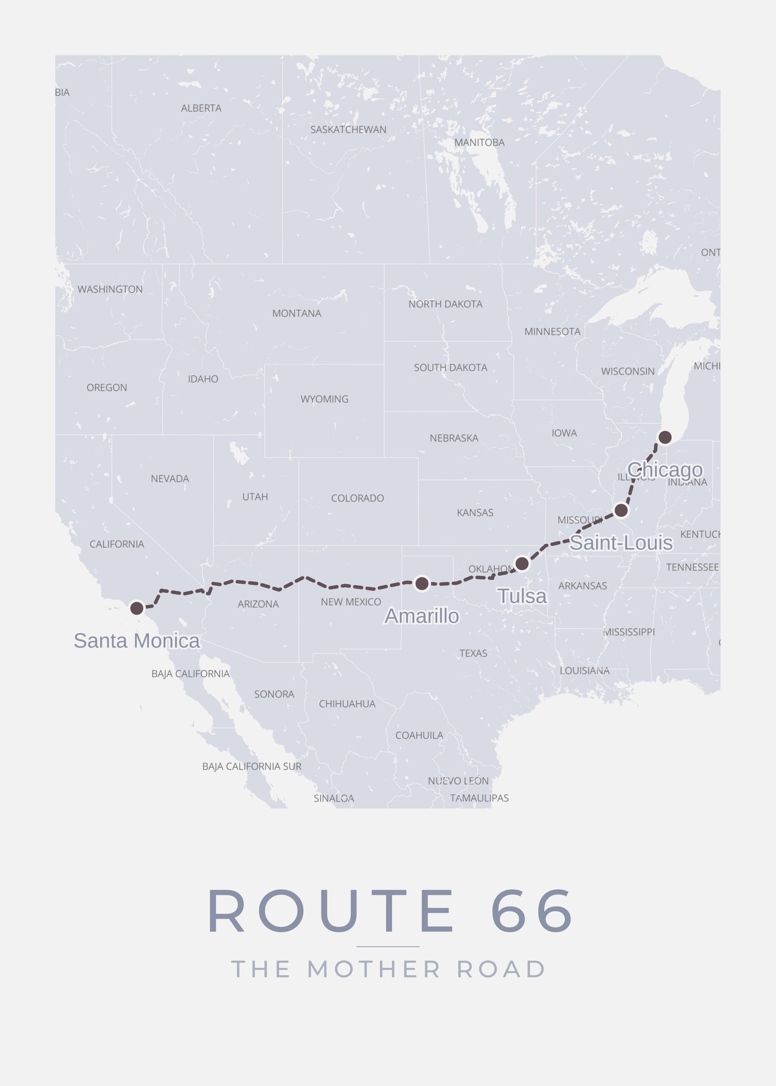 Route 66 USA historic highway custom road trip map poster